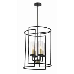 Hillstone 60-Watt 4-Light Sand Black and Soft Brass Shaded Pendant Light with Clear Glass Shades and No Bulbs Included