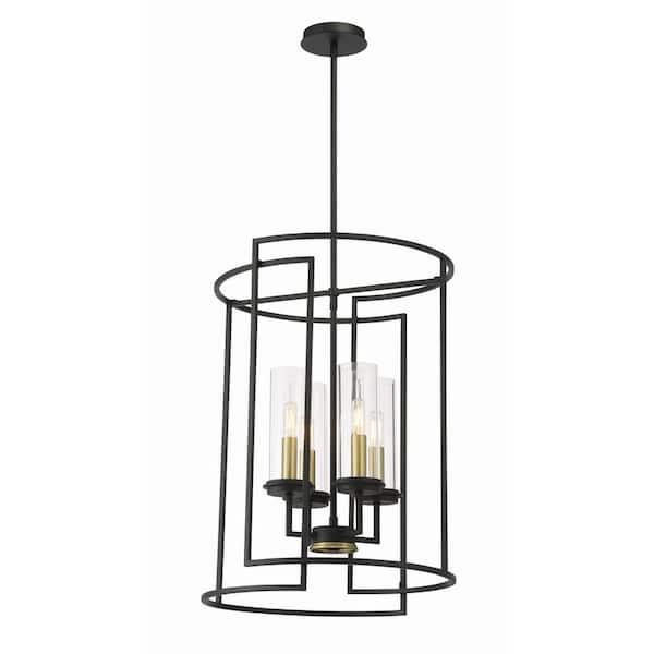 Minka Lavery Hillstone 60-Watt 4-Light Sand Black and Soft Brass Shaded Pendant Light with Clear Glass Shades and No Bulbs Included