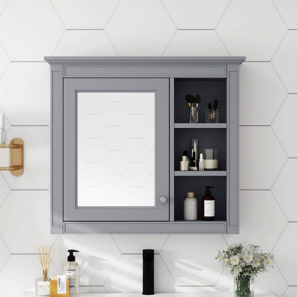30 in. W x 28 in. H Gray Rectangular Medicine Cabinet with Mirror and 3 Open Shelves price history on PriceWatchPro