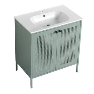 30 in. W x 18.1 in. D x 33.2 in. H Mint Green Metal Linen Cabinet with Bath Vanity and White Gel Basin Top