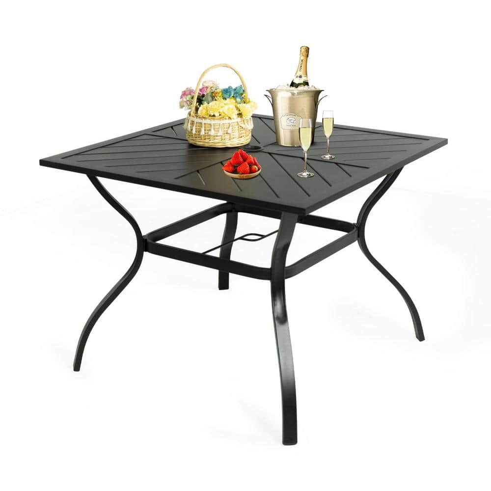 37 in. x 37 in. Black Metal Outdoor Dining Table for 4, Patio Square Table 