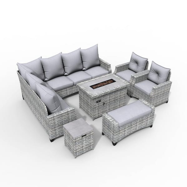 DIRECT WICKER Maxwell 7-Piece Gray Wicker Patio Conversation Set Outdoor Firepit Table with Gray Cushions