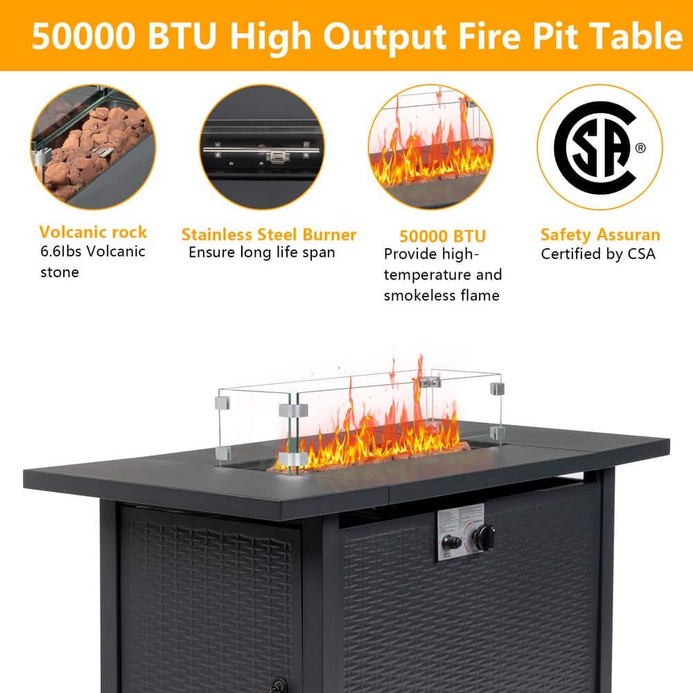 43-Inch Black Stainless Steel Rectangular Gas Fire Pit Table