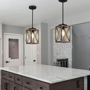 60-Watt 1-Light Farmhouse Pendant Light with Gray Wooden Grain Finish Shade, No Bulbs Included