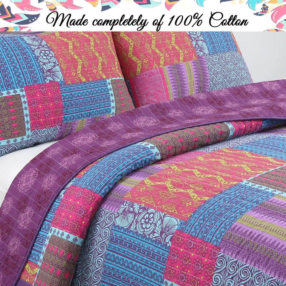 Bohemian Purple and Fuchsia Cotton King Quilt Set