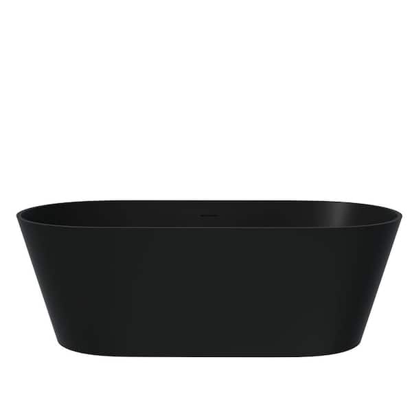 MYCASS 65 in. x 29.5 in. Elegant Soaking Freestanding Solid Surface Resin Stone Oval Bathtub with Center Drain in Matte White