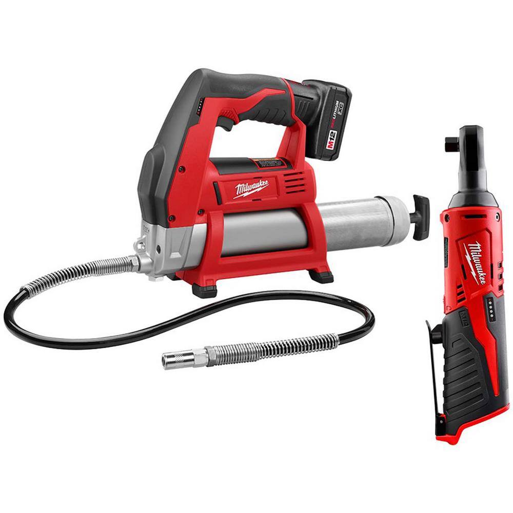 Milwaukee M12 12-Volt Lithium-Ion Cordless Grease Gun Kit with One 3.0 Ah Battery, Charger and Tool Bag with M12 3/8 in. Ratchet
