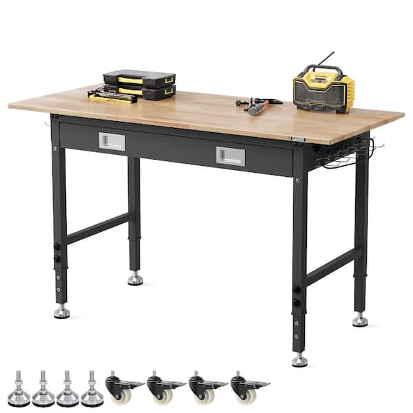 2200 lbs Heavy Duty Adjustable Workbench with Power Outlets,Smooth Rubber Wood Top & Rolling Wheels