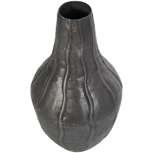 13 in. Black Snakeskin Inspired Metal Decorative Vase with Dimensional Wavy Accents