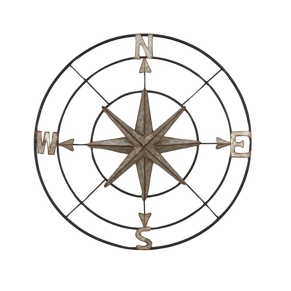 Litton Lane Metal Gray Indoor Outdoor Compass Wall Decor with Distressed  Copper Like Finish 53383 The Home Depot