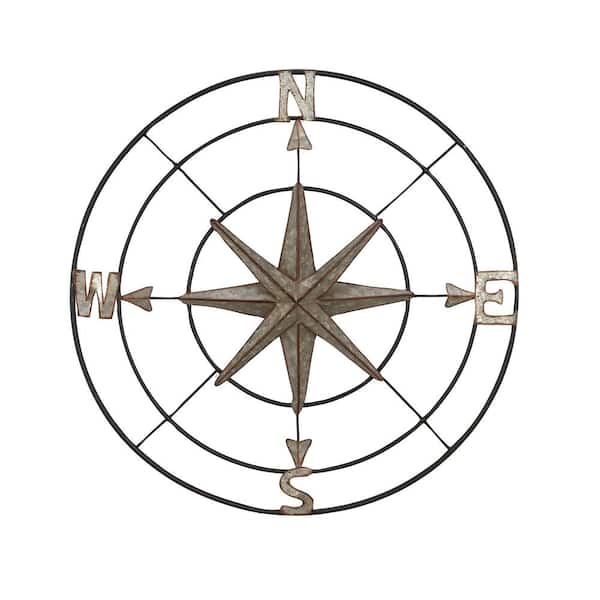 32 in. x  32 in. Metal Gray Indoor Outdoor Compass Wall Decor with Distressed Copper Like Finish