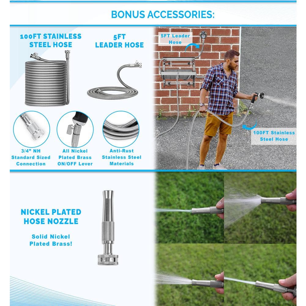 Heavy-Duty Stainless Steel Wall-Mount Hose Reel with 100FT Hose