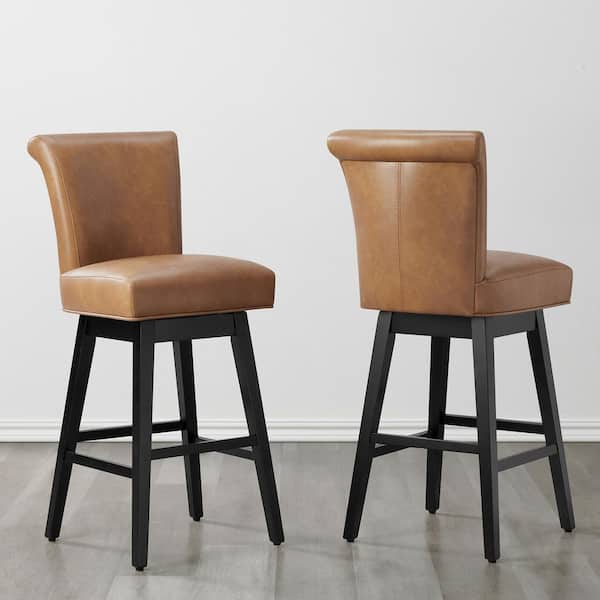 Dennis 30 in. Cognac Brown Solid Wood Frame Swivel Counter Height Bar Stool with Back and Faux Leather Seat (Set of 2)