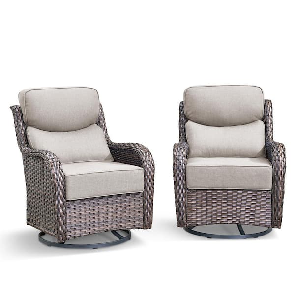 2-Piece Brown PE Wicker Paito Outdoor Rocking Chair Swivel with 6 in. Olefin Beige Cushions