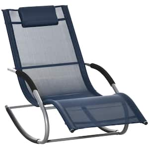 Navy Blue Metal Outdoor Rocking Chair, Zero Gravity Chaise Lounge Chair Recliner Rocker with Detachable Pillow