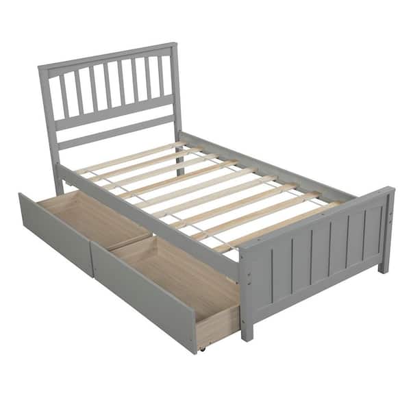 URTR Gray Solid Wood Twin Size Platform Bed with 2-Drawers, Wood Bed Frame with Headboard for Bedroom