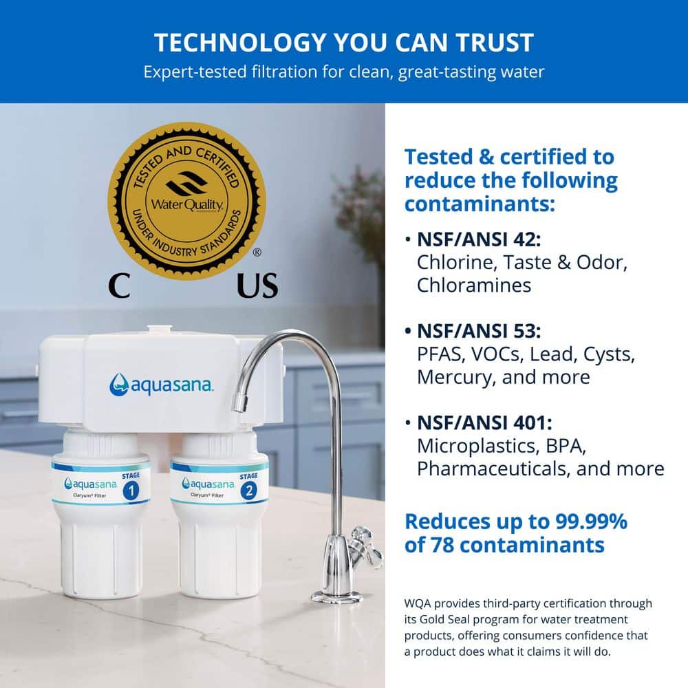 Aquasana Under Sink Drinking Water Filter : 2-Stage : Reduce up to 99.99% of 78 Contaminants: Brushed Nickel Faucet