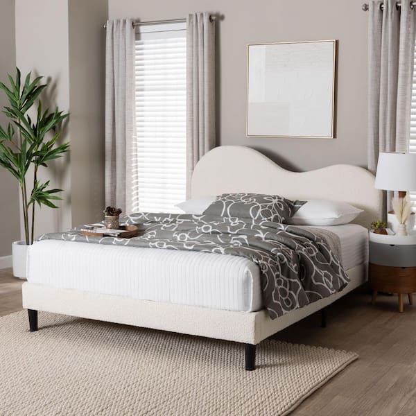 Dalton Cream White Fabric Upholstered Frame Queen Platform Bed