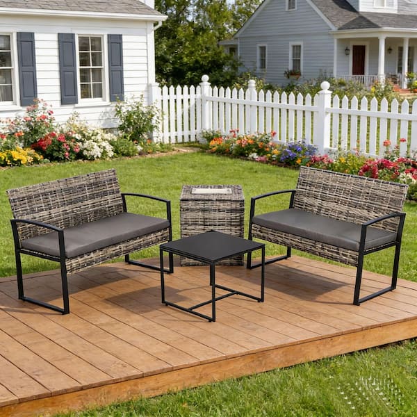 4-Piece Brown Wicker Patio Conversation Set with with Built-in Beverage Cooler Storage Box and Black Cushions
