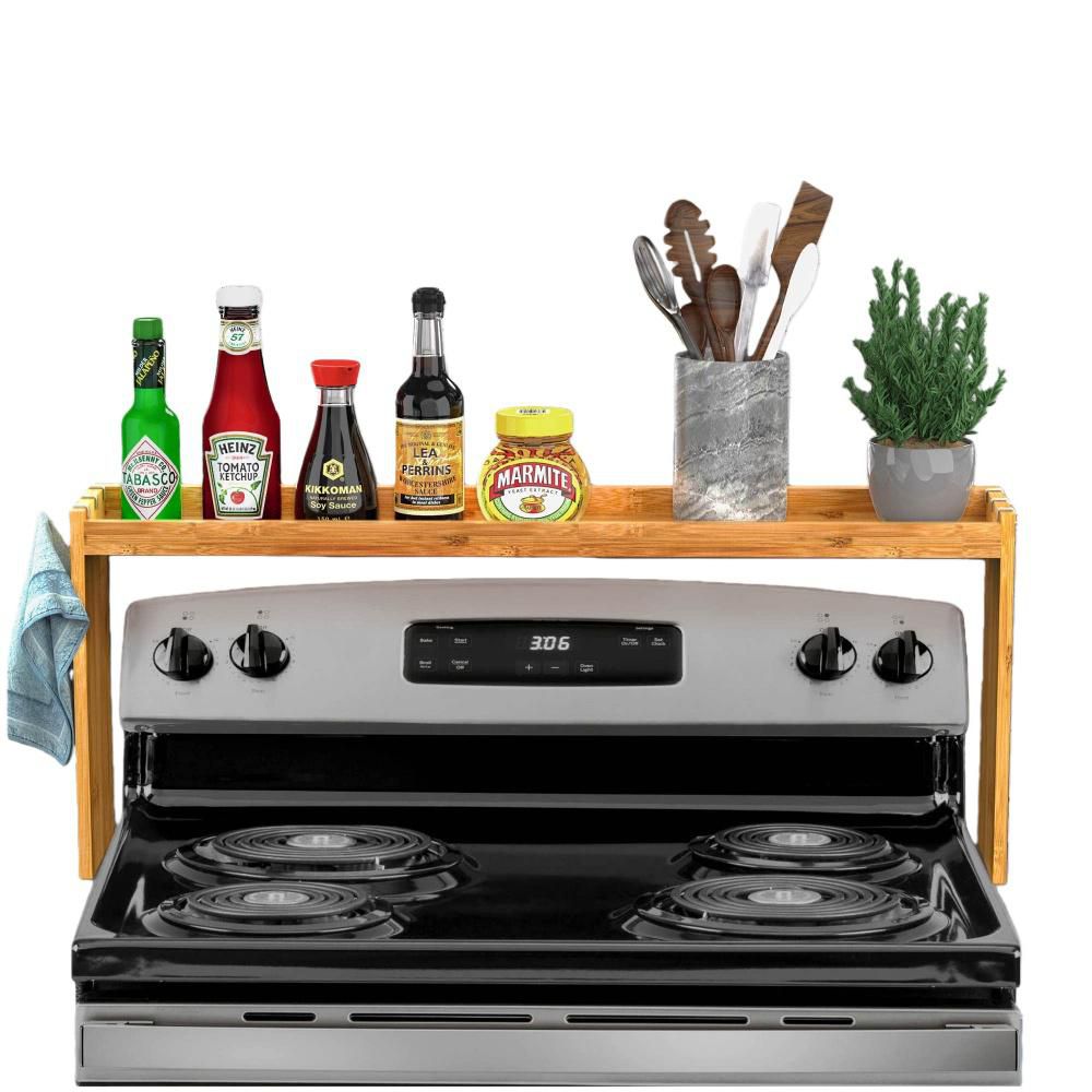 31.5 in. L x 11.4 in. H Over the Stove Shelf with 6 Hooks, Extra Height for Kitchen Storage, Easy to Assemble, Bamboo