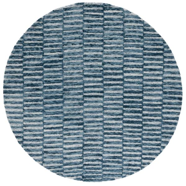 Ebony 6 ft. x 6 ft. Navy/Light Blue High-Low Striped Round Area Rug