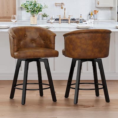 36.22 in. QUINN Brown Faux Leather Metal Base High-Back Upholstered Counter Height Swivel Bar Stool Set of 2