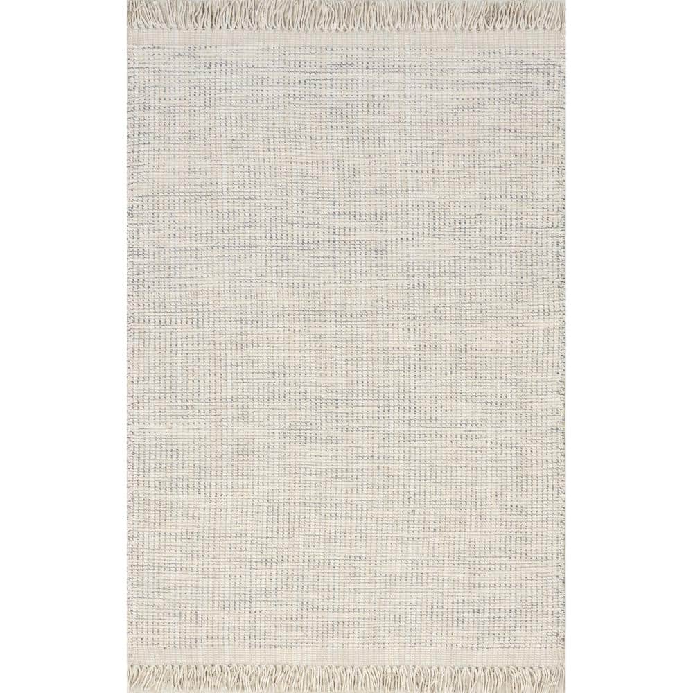 Handmade Ivory Wool Rectangular Area Rug with Fringe