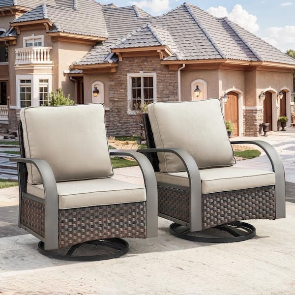 Pocassy Iron Bend Series 2-Pack Brown Wicker Outdoor Glider Rocking Chair with CushionGuard Beige Cushions