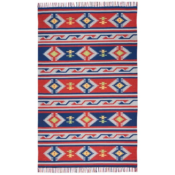 5 ft. x 7 ft. Blue and Red Southwestern Handmade Area Rug with Fringe