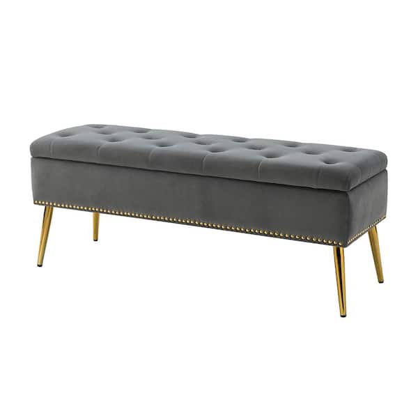 JAYDEN CREATION Hippolytus Classic Grey 45.5 in. Polyester Button-Tufted Storage Bedroom Bench with Nailhead Trim