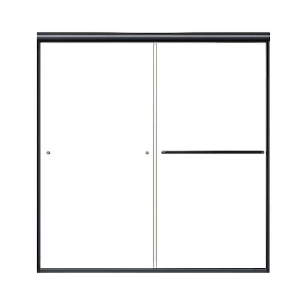 ANGELES HOME 60 in. W x 62 in. H Sliding Tub Door Black with Clear Glass Semi Frameless in Matte Finish