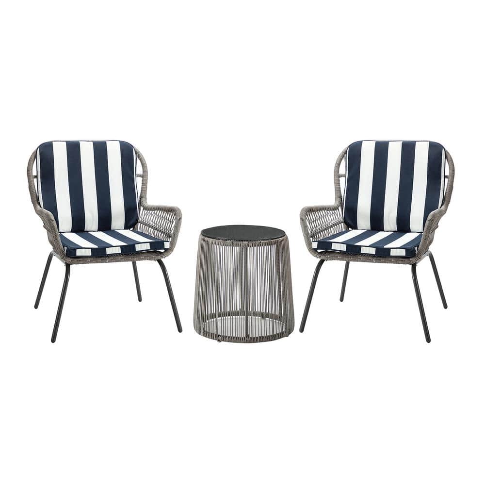 3 Piece Metal Patio Outdoor Bistro Set with Navy stripes Cushion