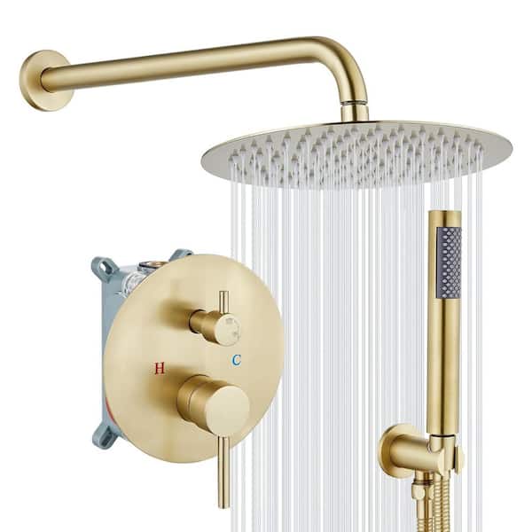 Unbranded 2-Spray 10 in. Round Rainfall Shower Head and Handheld Shower Head Wall Mounted in Brushed Gold