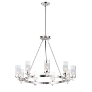 Crescendo 35 in. W 9-Light Satin Nickel Chandelier with Clear/Frosted Shade