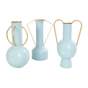 Light Blue Enameled Metal Abstract Decorative Vase with Varying Shapes and Geometric Gold Handles (Set of 3)
