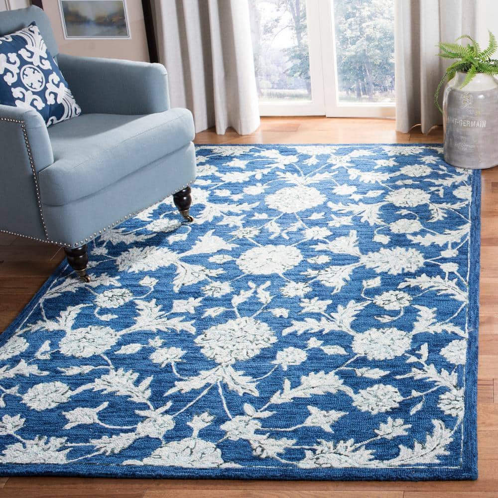Navy and Grey Hand-Tufted Wool Floral 4' x 6' Rug