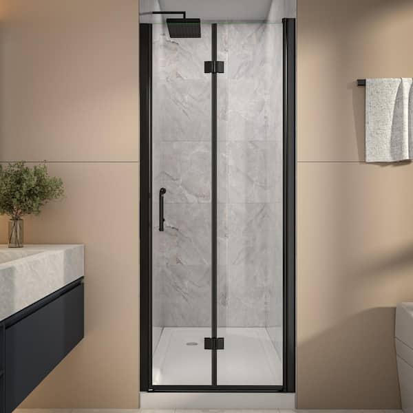 30-32 in. W x 72 in. H Bi-Fold Frameless Shower Door in Black with Clear Glass