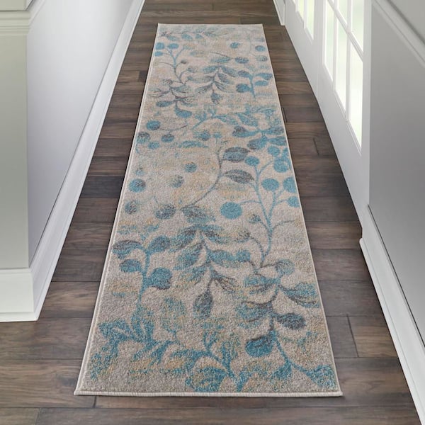 Tranquil Ivory/Turquoise 2 ft. x 7 ft. Floral Modern Kitchen Runner Area Rug
