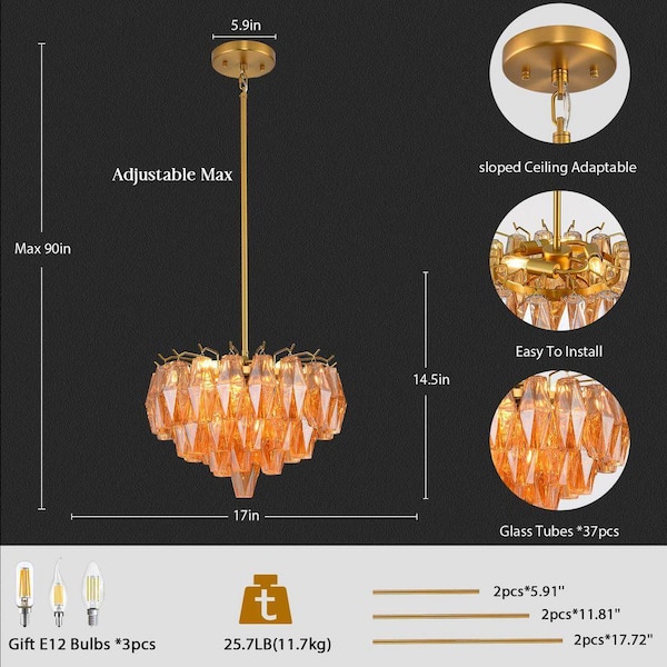 PUYRNF 17 in. 3-Light Brass Amber Glass Chandelier, Luxury Kitchen