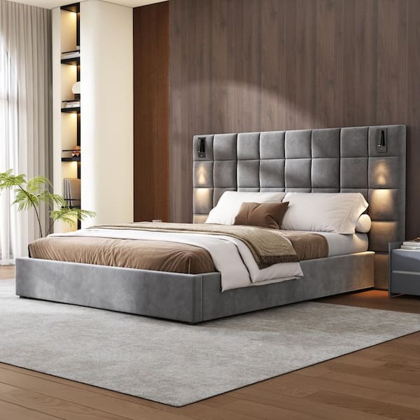 Gray Wood Frame Queen Velvet Upholstered Platform Bed with Large Luxuriously Padded Headboard, Reading Lamp, USB Port