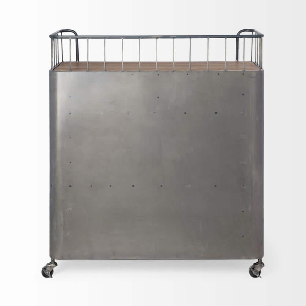 Industrial Gunmetal Gray Rolling Bar Cart with Wood Top