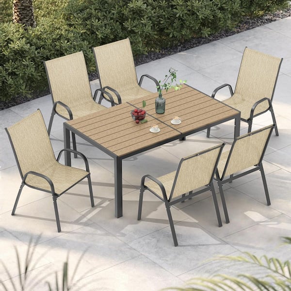 7-Piece Metal Outdoor Dining Set with 6 Textilene Stackable Chairs and Rectangular Table, Patio Dining Table Set for 6
