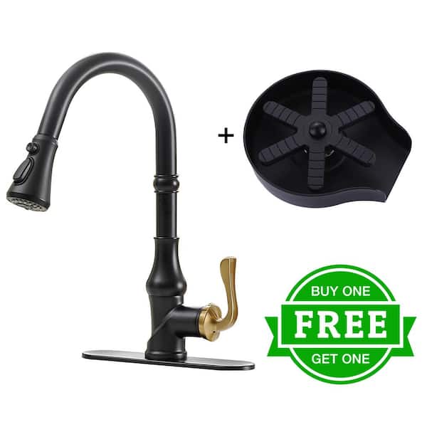 BWE Single Handle Pull-Down Sprayer Kitchen Faucet Bundle Glass Rinser in Black Gold
