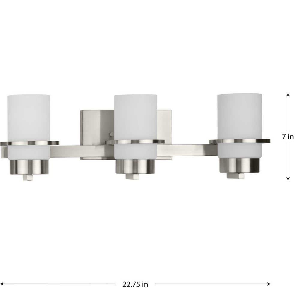 Brushed Nickel 3-Light Vanity Fixture with White Glass Shades