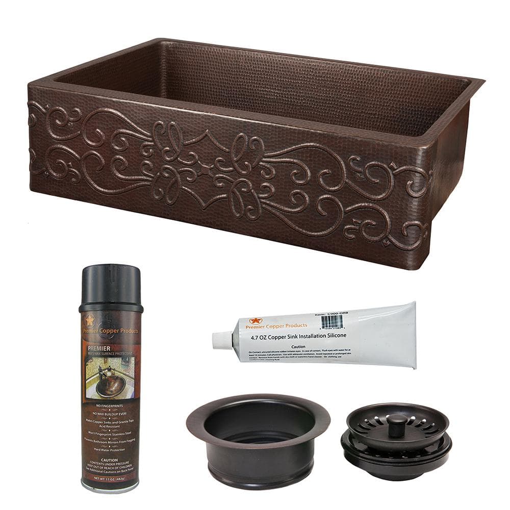 Premier Copper Products 14-Gauge Hammered Copper 30 in. Single Bowl Farmhouse Apron Kitchen Sink with Scroll Design Package, Brown -  KSP3_KASDB30229S
