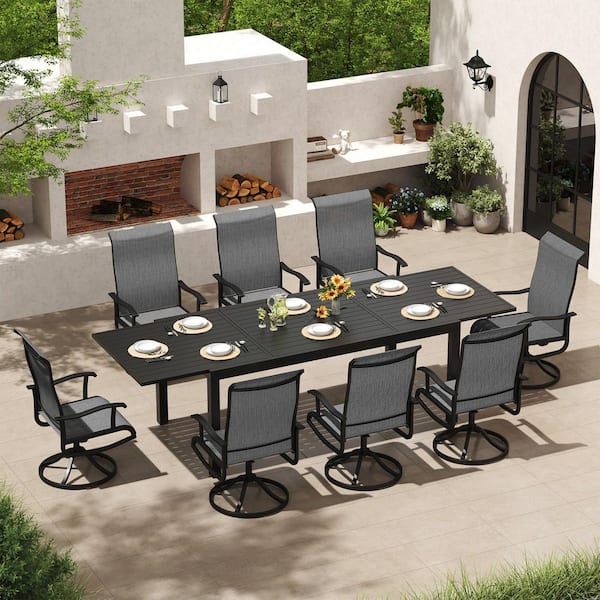 9-Piece Aluminum Rectangular Outdoor Dining Set, Extendable Patio Table with Umbrella Hole and 8-Swivel Patio Chairs