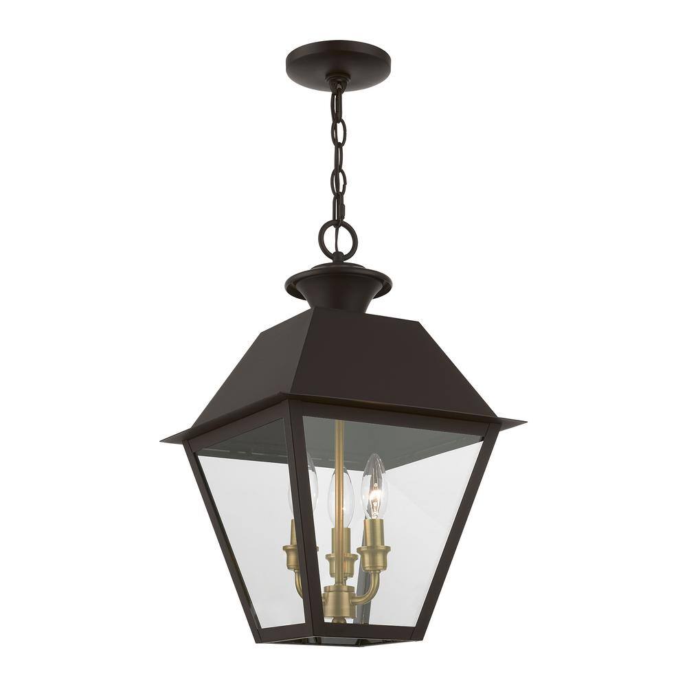 Bronze and Antique Brass 3-Light Outdoor Pendant with Clear Glass