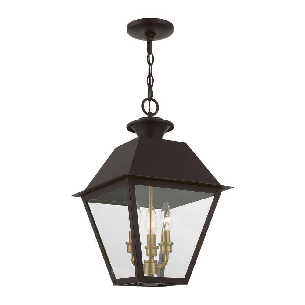 Bronze and Antique Brass 3-Light Outdoor Pendant with Clear Glass