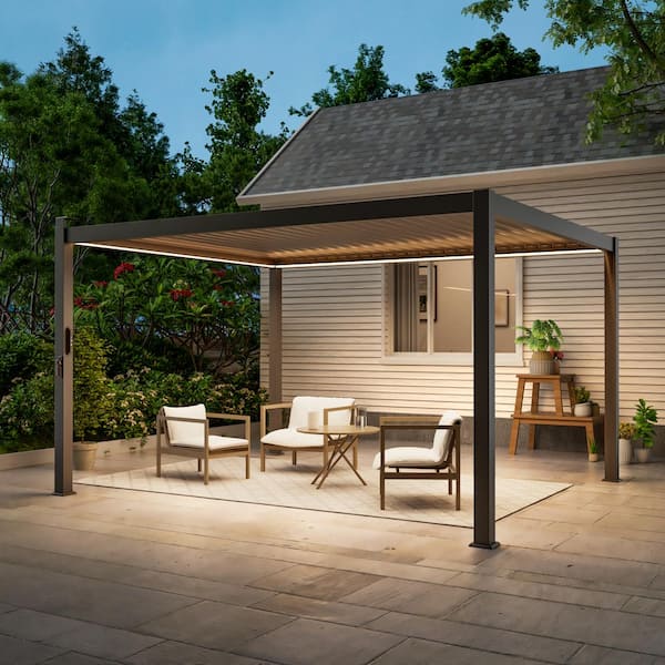 12 ft. x 14 ft. Modern Steel Pergola with Adjustable Louvers, LED Lights and Solar Charging, Brown