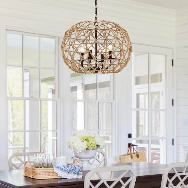 Trellis 20 in. 4-Light Rustic Natural Jute Rope Woven Globe Pendant Light with Brown Canopy
